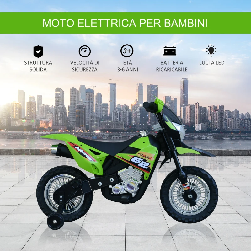 HOMCOM Moto da Cross Elettrica con 2 Rotelline Ausiliarie per Bambini 3-6 anni, Moto Giocattolo 109×52.2×70.5cm Verde