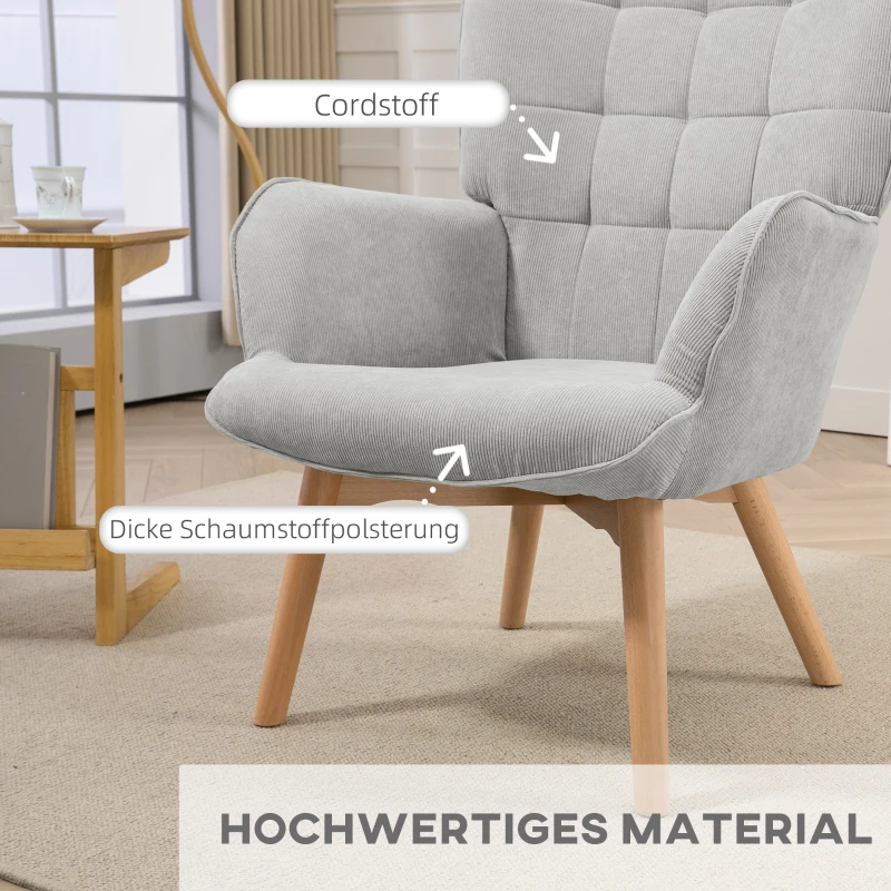 HOMCOM Akzentsessel mit Hocker, Relaxsessel in Cord-Optik, Armlehnstuhl mit Holzbeinen, für Wohnzimmer, Grau(m-4)