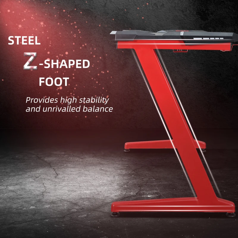 HOMCOM 142 x 66 cm Gaming Desk, Carbon Fibre Covered Computer Desk, Gamer Workstation with Headphone Hook, Cup Holder and Gamepad Storage Rack, Black and Red