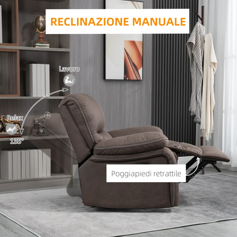 HOMCOM Poltrona Relax con Reclinazione Manuale e Poggiapiedi, in Microfibra e Acciaio, 97x90x96 cm, Marrone