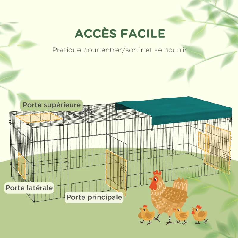 PawHut Parc enclos modulable acier avec bache pour lapins rongeurs petits animaux intérieur extérieur 220L x 85l x 70H cm vert