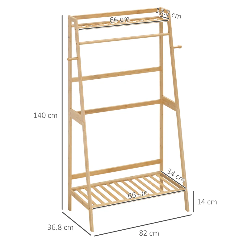 HOMCOM Appendiabiti da Terra in Bambù con 2 Ganci Laterali e 2 Ripiani Inferiori Aperti, 82x36.8x140 cm, color Legno
