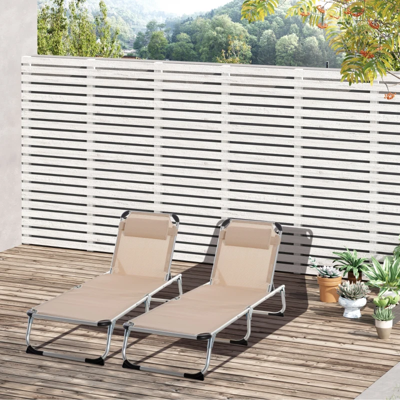 Outsunny Foldable Outdoor Sun Loungers Set of 2, Reclining Lounge Chair Camping Bed Cot with Pillow 4-Level Adjustable Back Aluminium Frame, Khaki