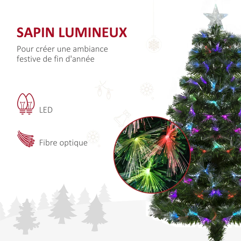 HOMCOM Sapin de Noël Artificiel Arbre de Noël Lumineux 120cm en Fibre Optique Deco Noël lumière à Variation de Couleurs 130 LED Vert