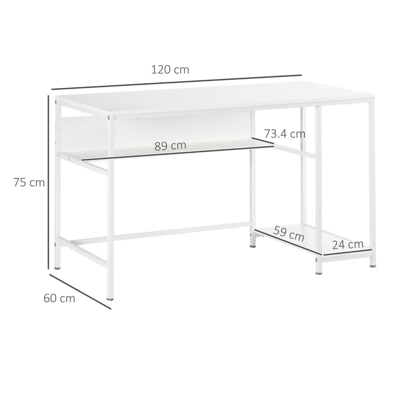HOMCOM Computer Desk with Storage, 120 x 60cm Home Office Desk with 2 Shelves and Steel Frame, Writing Table for Living Room, Study, White
