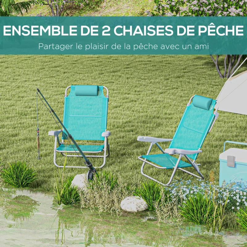 Outsunny Lot de 2 chaises de jardin pliantes chaise de pêche portable chaise de camping appui-tête dossier inclinable à 6 niveaux