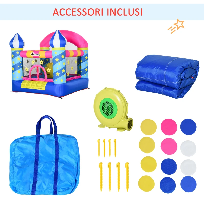 Outsunny Castello Gonfiabile Gigante Colorato e con Gonfiatore, Gioco Gonfiabile per Bambini 3-8 Anni, 195x195x215cm