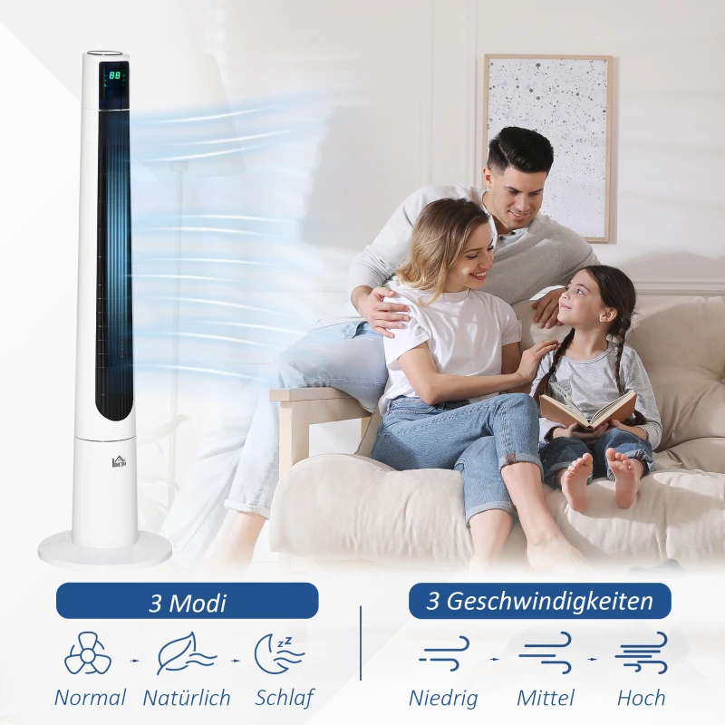HOMCOM 118,2 cm Turmventilator mit Fernbedienung 3 Modi 3-Stufen und Geschwindigkeiten Ventilator Standventilator LED Display 220-240V 50 W 12 Std. Timer Weiß