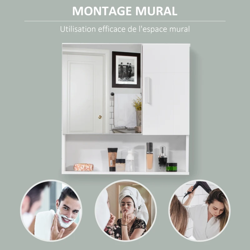 kleankin Armoire murale miroir de salle de bain avec portes et étagère réglable - dim. 54L x 15,2l x 55,3H cm blanc