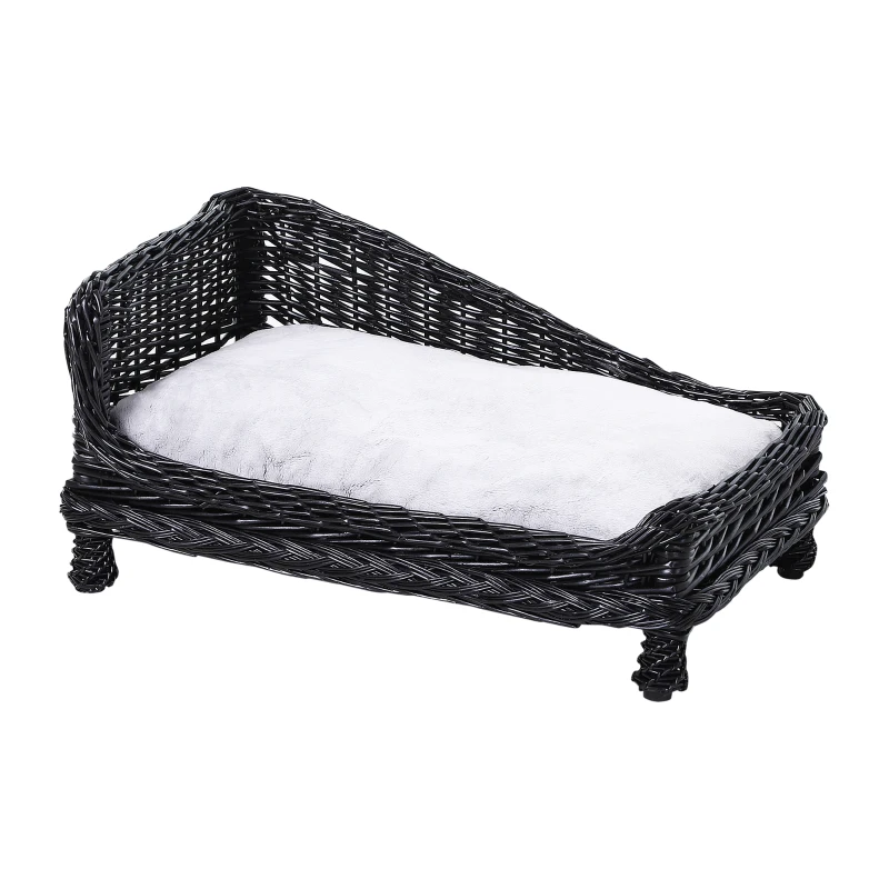 PawHut Cuccia per Animali Domestici Forma Chaise Longue in Vimini Nero Cuscino in Pile 69x42x33cm