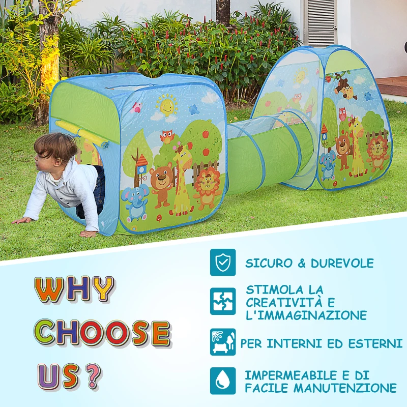HOMCOM Tenda Gioco Colorata per Bambini 3 in 1 con Tunnel, con Sistema Pieghevole Pop-up (230cm x 74cm x 93cm)