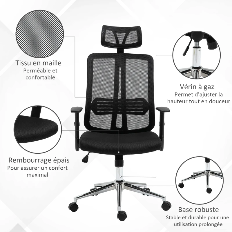 Vinsetto Chaise de Bureau Ergonomique Fauteuil de Bureau Grand Confort hauteur réglable Tissu Maille Polyester Noir