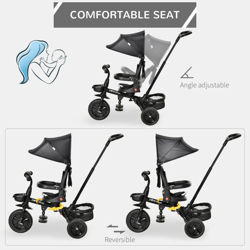 HOMCOM 4 in 1 Kids Trike Toddler Foldable Pedal Tricycle w/ Reversible Angle Adjustable Seat Removable Handle Canopy Belt Brake for 1-5 Years - Black