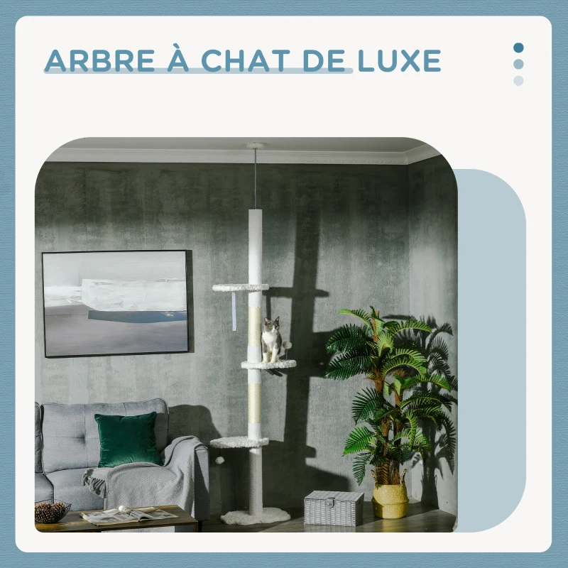 PawHut Arbre à chat 225-255 cm réglable en hauteur Tour pour chat 3 griffoirs et 2 balles 48x32x225-255 cm blanc