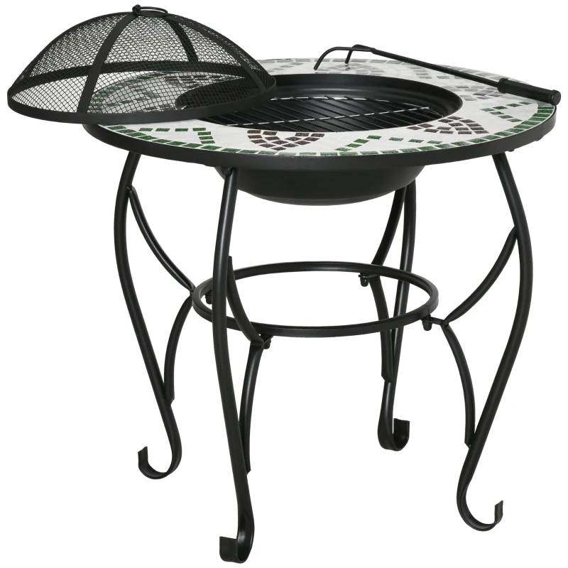 Outsunny 3-in-1 Φ68cm Outdoor Fire Pit, Garden Table with Cooking BBQ Grill, Mosaic Firepit Bowl with Spark Screen Cover, Fire Poker for Backyard Bonfire Patio