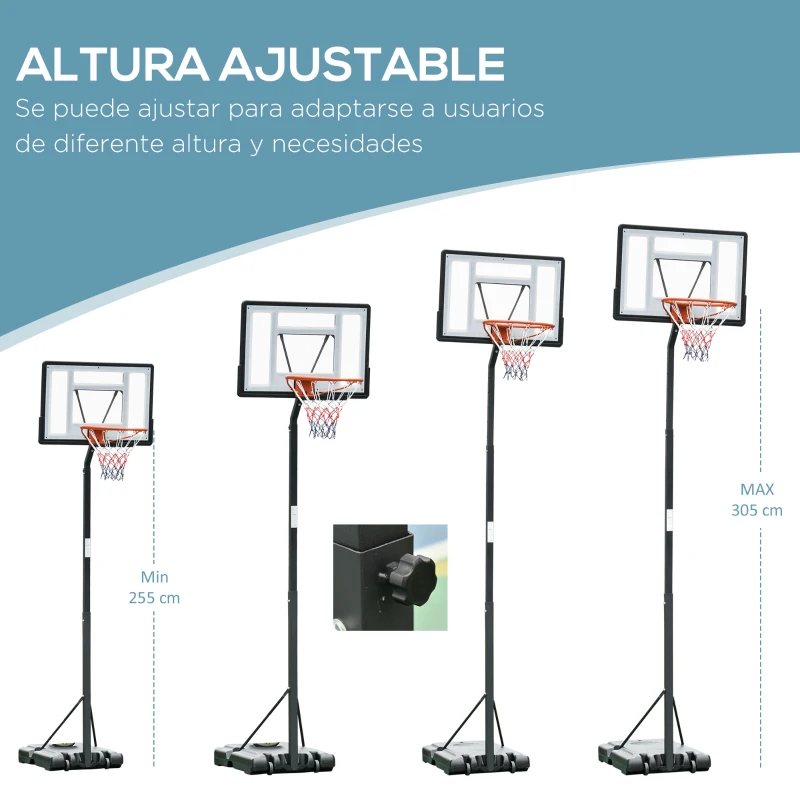 HOMCOM Canasta de Baloncesto con Soporte de Ruedas Aro de Basket Ajustable en Altura con Base Rellenable 90x165x302-352cm Negro
