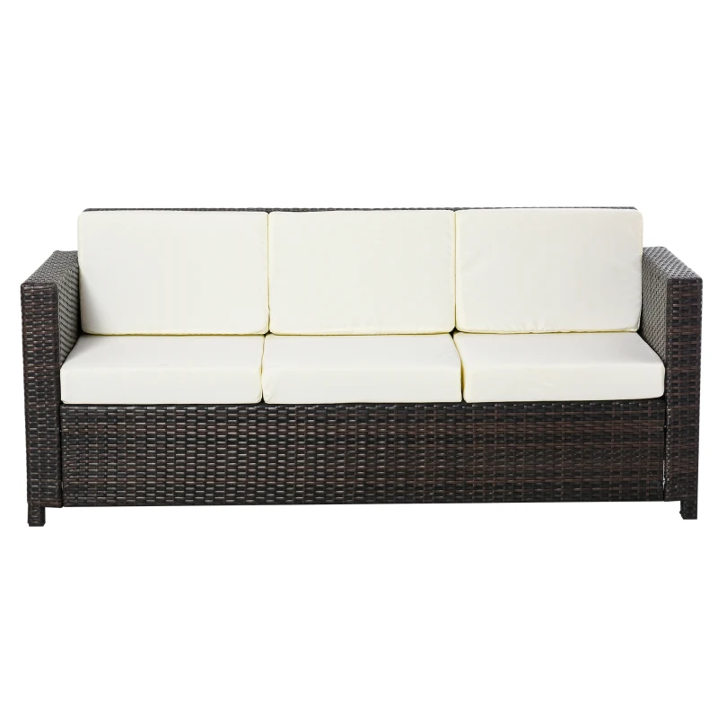 Outsunny Poly-Rattan Sofa mit Kissen 3-Sitzer Garten Loungesofa Metall Polyester Braun+Weiß 185 x 70 x 80 cm