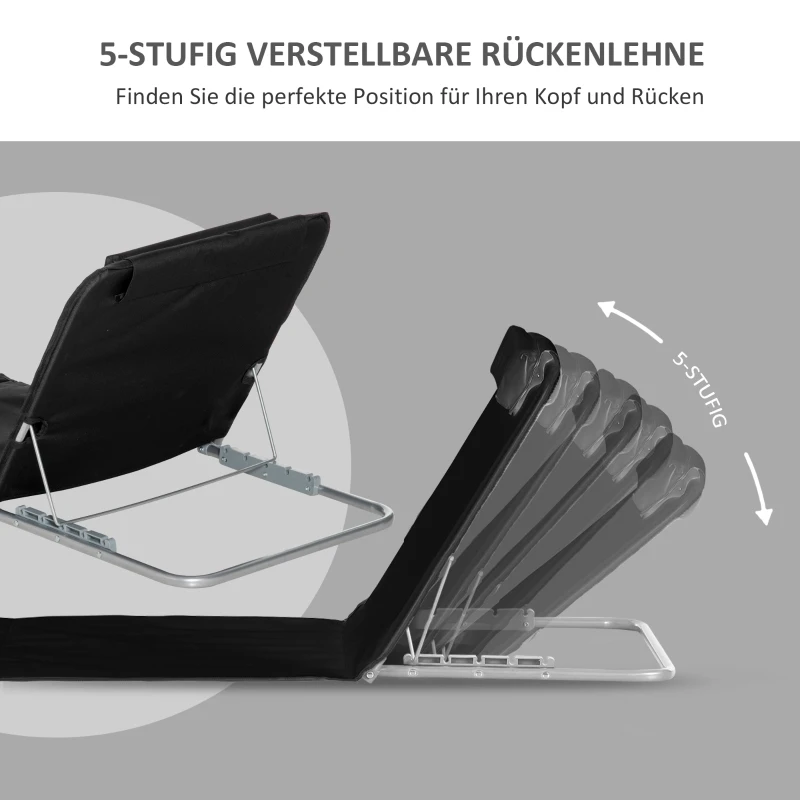 Outsunny Strandliege Sonnenliege Gartenliege, klappbar, verstellbare Rücklehne, Seitentasche, 48 cm x 134 cm x 33-43 cm, Schwarz