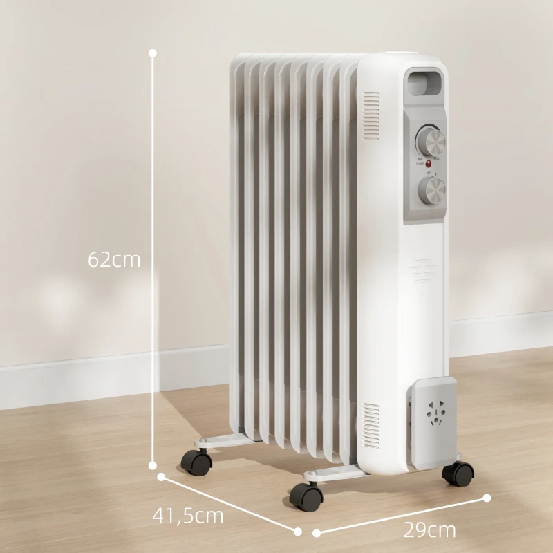 HOMCOM Radiador de Aceite Silencioso de 9 Elementos 2000W con Temperatura Ajustable Protección contra Sobrecalentamiento Blanco