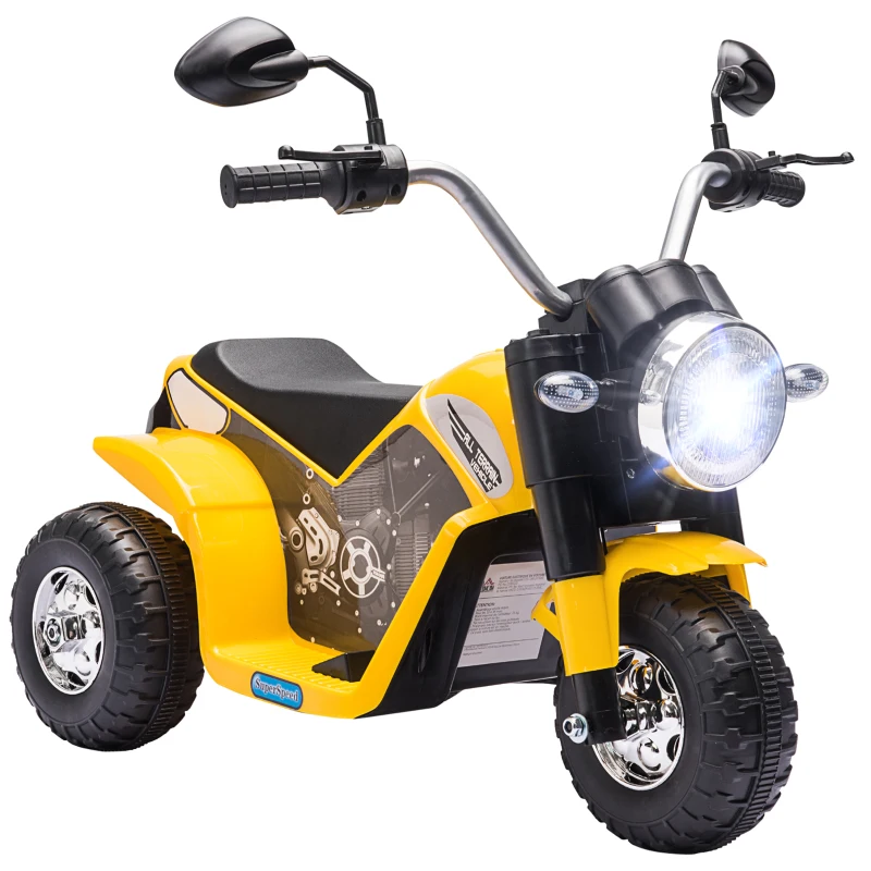 HOMCOM Moto Eléctrica Infantil con 3 Ruedas Moto Eléctrica para Niños de 18-36 Meses Triciclo a Batería 6V con Faro Bocina 72x57x56 cm Amarillo