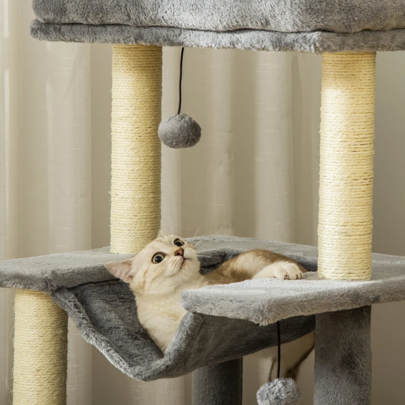 PawHut Katzenbaum 90 cm Kratzbaum mit Hängematte Spielbaum Katzenhöhle Plattformen Kletterbaum Katzenkratzbaum Aktivitätskratzbäum Plüsch Sisal Grau