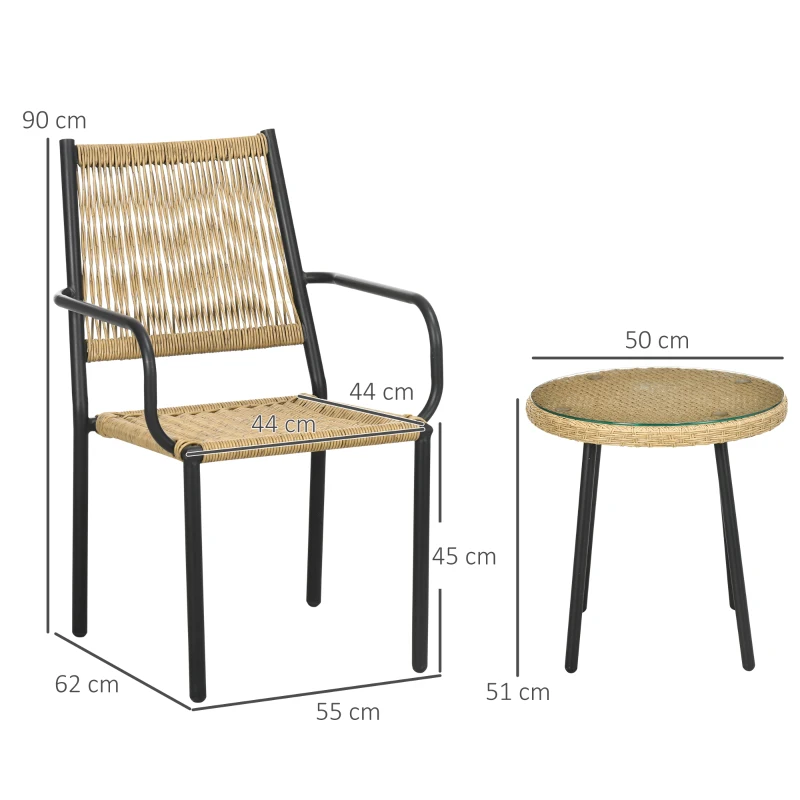 Outsunny Gartensitzgruppe für 2 Personen, Rattanoptik, runder Tisch, zwei Stühle, inkl. Sitzkissen, Sandfarbe