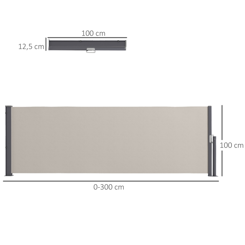 Outsunny Seitenmarkise, Seitenrollo, ausziehbar, Sichtschutz, Aluminium/Polyester, 3 x 1 m, Hellgrau