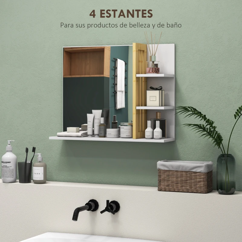 HOMCOM Espejo de Baño Moderno Espejo de Pared Rectangular con 4 Estantes de Almacenamiento para Maquillaje 45x15x58,5 cm Blanco
