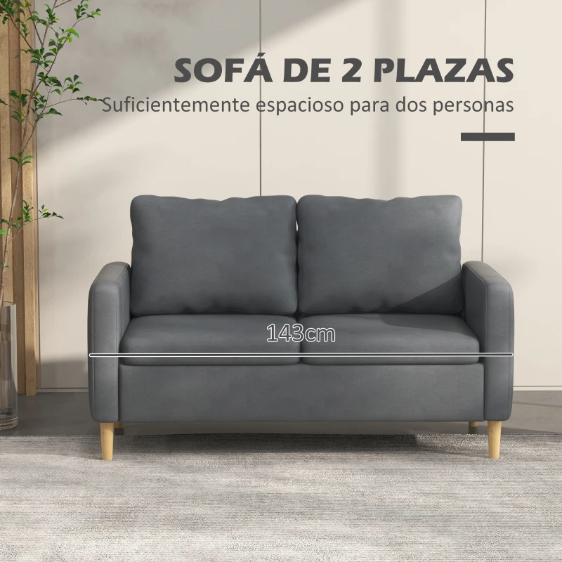 HOMCOM Sofá de 2 Plazas Tapizado en Poliéster con 2 Bolsillos Laterales Reposabrazos y Patas de Madera 143x76x83 cm Gris