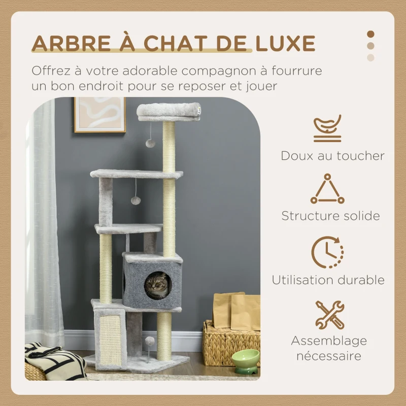PawHut Arbre à chat arbre à grimper pour chat multi-équipements griffoirs 4 plate-formes 1 niche 1 panier hauteur 146 cm gris