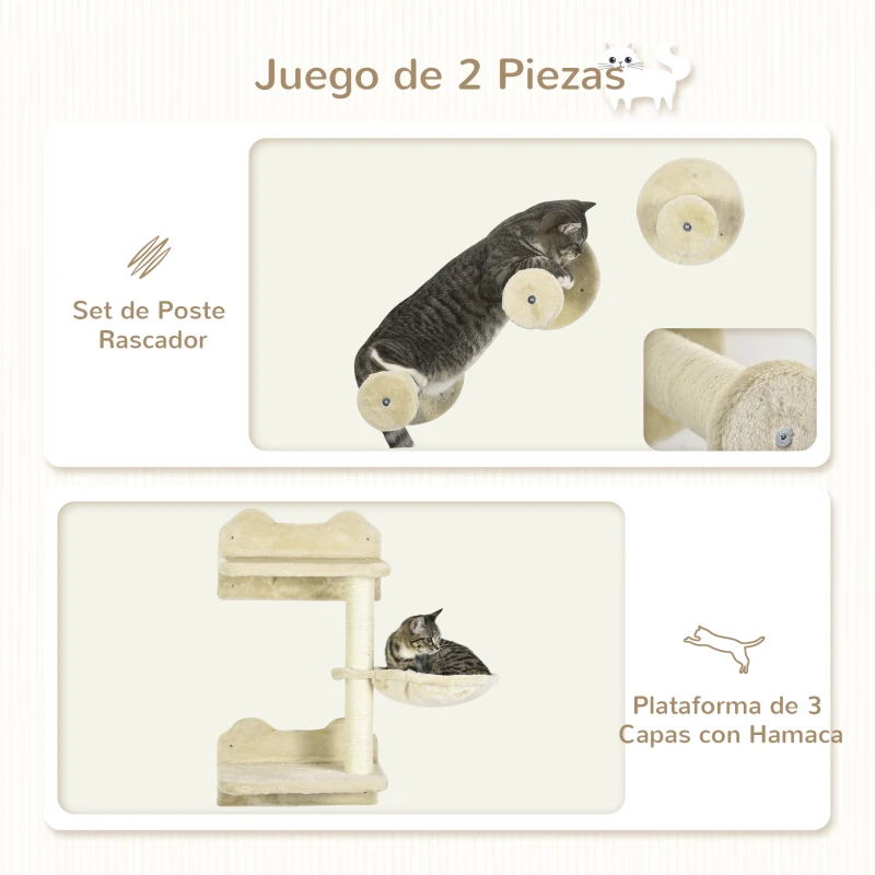 PawHut Juego de Rascador de Pared para Gatos con 3 Postes de Sisal Hamaca y 1 Plataforma para Saltar de 3 Niveles Beige