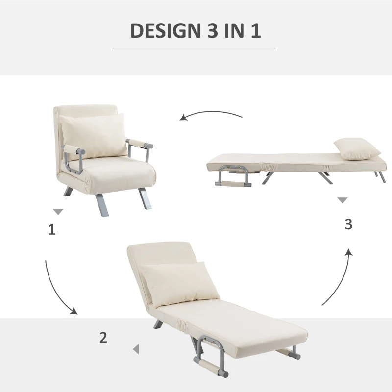 HOMCOM Poltrona Letto 2 in 1 con Schienale Inclinabile in 5 Posizioni, 65×69×82cm, Beige