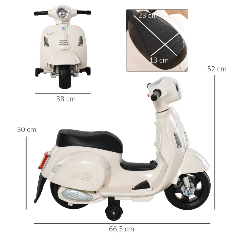 HOMCOM Motocicleta Infantil con Faro Bocina y 4 Ruedas Moto Eléctrica Vespa para Niños con Licencia 66,5x38x52 cm Blanco(m-3)