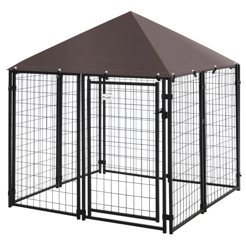 PawHut Perrera de Exterior con Toldo para Mascotas con Malla de Metal y Puerta con Cerradura 141x141x153 cm Negro