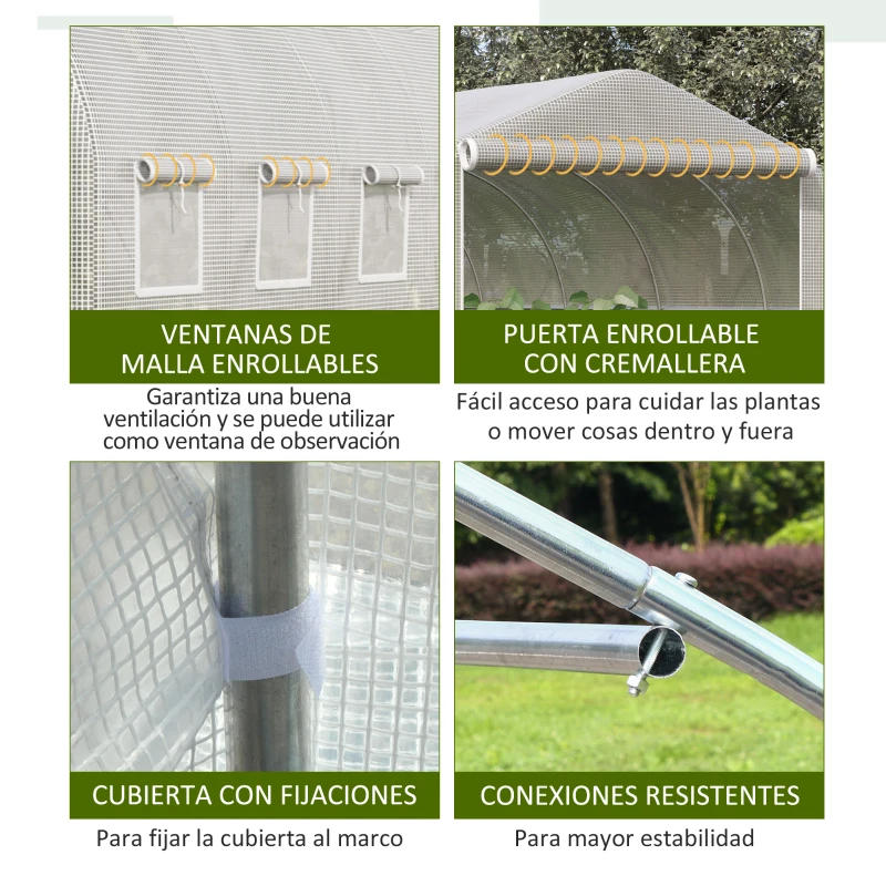 Outsunny Invernadero de Túnel 6x3x2 m Invernadero de Jardín con Puerta y 12 Ventanas Enrollables de Polietileno 140g/㎡ y Acero Galvanizado Huerto para Cultivos Plantas Flores Blanco