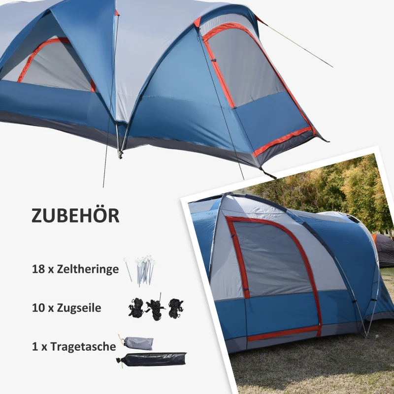 Outsunny Campingzelt für 3-4 Personen, zwei Türen, Netzfenster, blau, 4,75 x 2,64 x 1,50 m