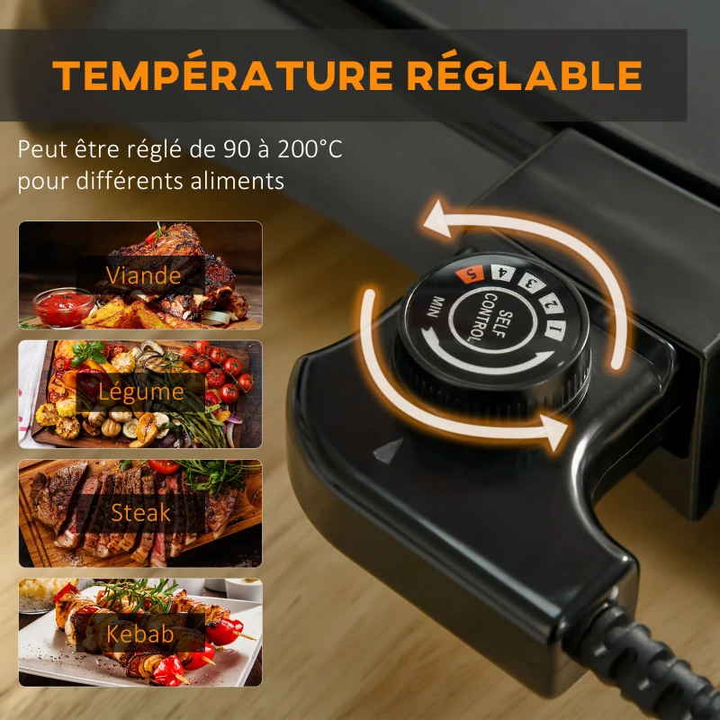 HOMCOM Plancha électrique grill sur table 2 en 1 - antiadhésif - 1600 W - thermostat réglable 5 niveaux 90°C-200°C - bac récupérateur inclus - ABS alu. noir
