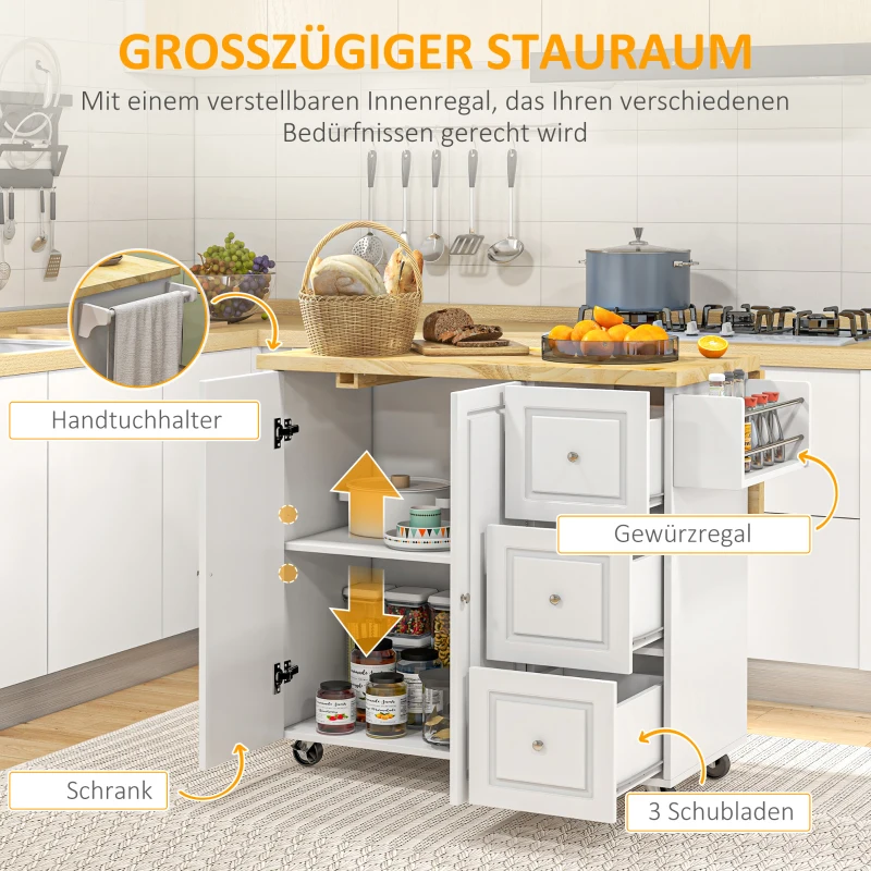 HOMCOM Küchenwagen, Kücheninsel mit erweiterbarer Arbeitsplatte, Servierwagen, Küchenschrank mit Rollen, Schublade und verstellbares Regal, Gummiholz, MDF, Weiß+Natur, 111,5 x 45-75 x 89 cm