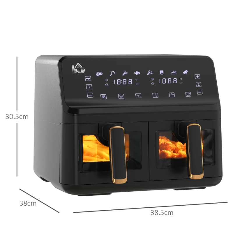 HOMCOM 8L 200°C Double Air Fryer, with 8 Preset Menus and Digital Display - Gold Tone/Black