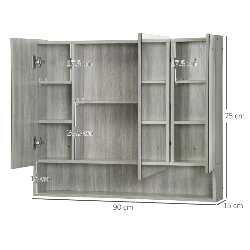 kleankin Armadietto con Specchio a 4 Sezioni con Ripiani Regolabili, in Legno e Vetro, 90x15x75 cm, Grigio