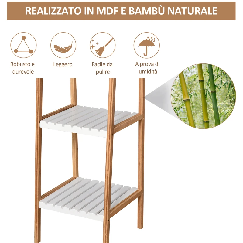 kleankin Scaffale per il Bagno a Scala con 4 Ripiani in Legno di Pino e Bambù, 35x36x138.5 cm, Bianco e Legno