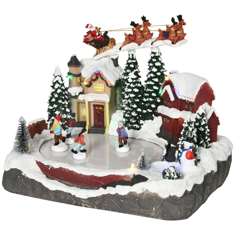 HOMCOM Weihnachtsdeko, Weihnachtsdorf, 13 bunte LEDs, bewegliche Schlittschuhläufer, 30 x 24,5 x 23cm
