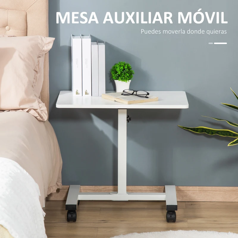 HOMCOM Mesa Auxiliar con Ruedas Mesita Lateral para Sofá Cama Altura Ajustable Marco de Metal y Frenos 60x40x52,5-84 cm Blanco