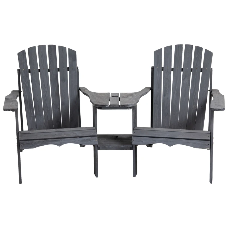 Outsunny Wooden Outdoor Double Adirondack Chairs Loveseat w/ Centre Table and Umbrella Hole, Garden Patio Furniture for Lounging and Relaxing, Dark Grey