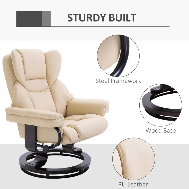 HOMCOM 360° Swivel Recliner Chair with Footstool, PU Leather Manual Recliner Armchair with Footstool, Solid Wood Base, Upholstered Reclining Chair for Living Room, Bedroom, Office, Cream