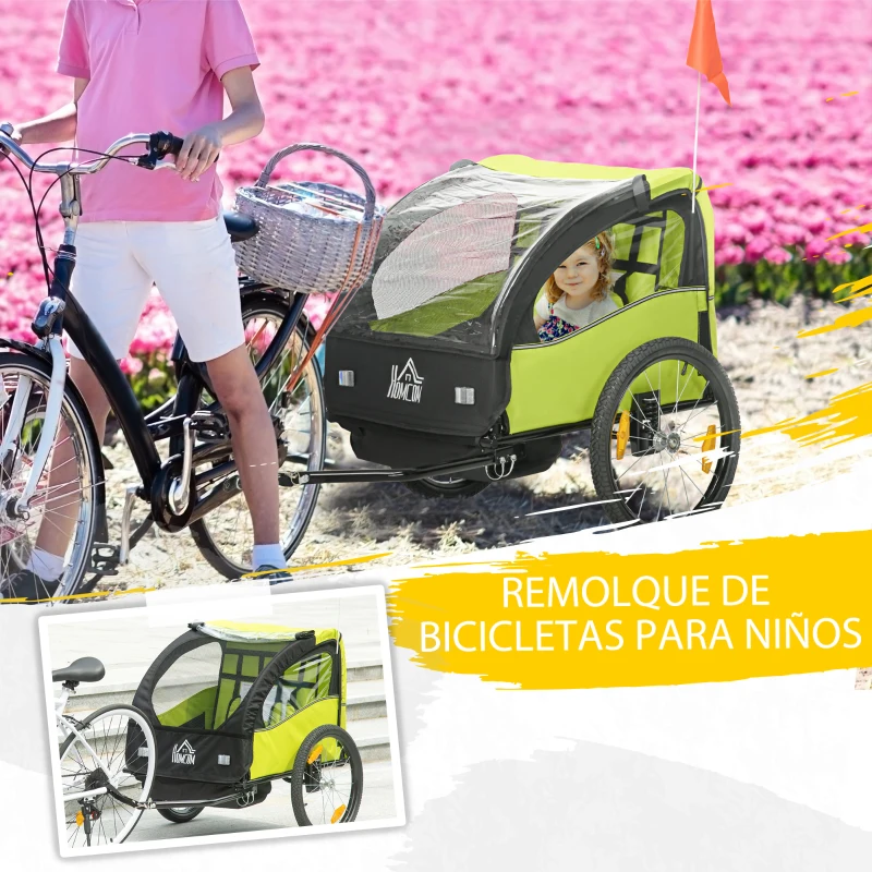 HOMCOM Remolque de Bicicleta para Niños +18 Meses con Cinturón de Seguridad Sistema de Amortiguador 140x88x90 cm Verde