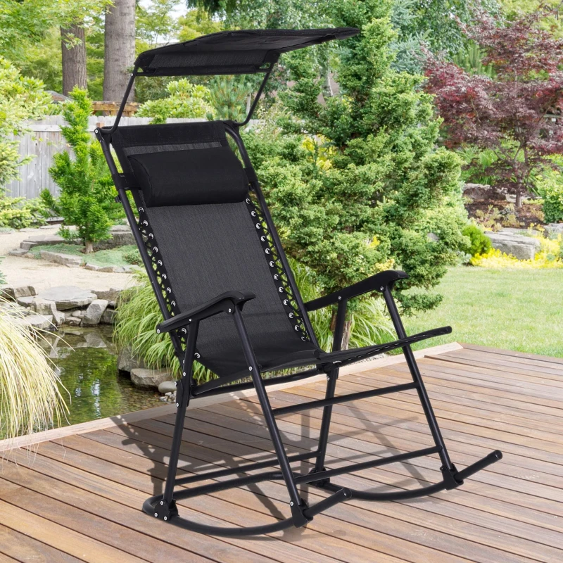 Outsunny Sedia a Dondolo da Giardino Ergonomica, Sdraio da Esterno Pieghevole con Tettuccio Rimovibile in Acciaio e Texteline 105 x 64 x 125cm, Nero