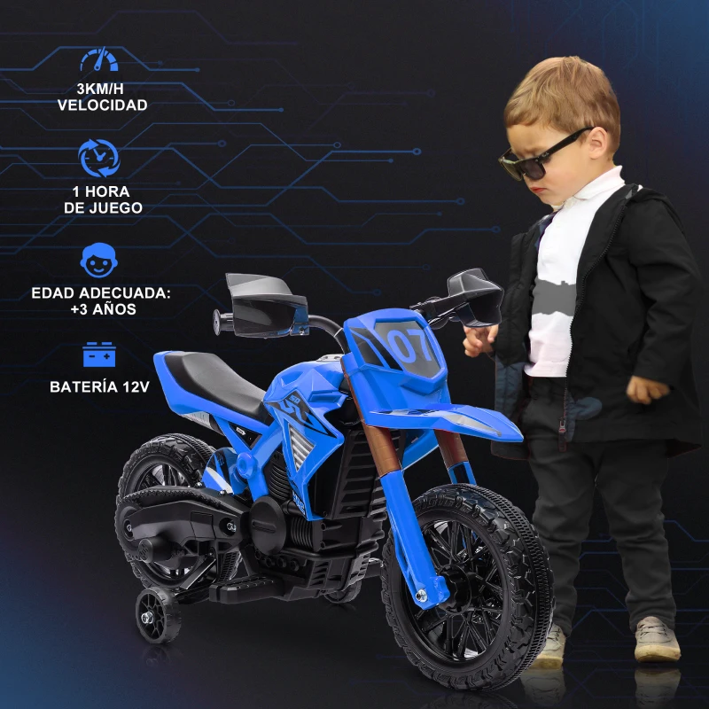 AIYAPLAY Moto Eléctrica para Niños de +3 Años Moto de Batería para Niños 12V con Ruedas Auxiliar y Bocina Carga 30 kg Azul