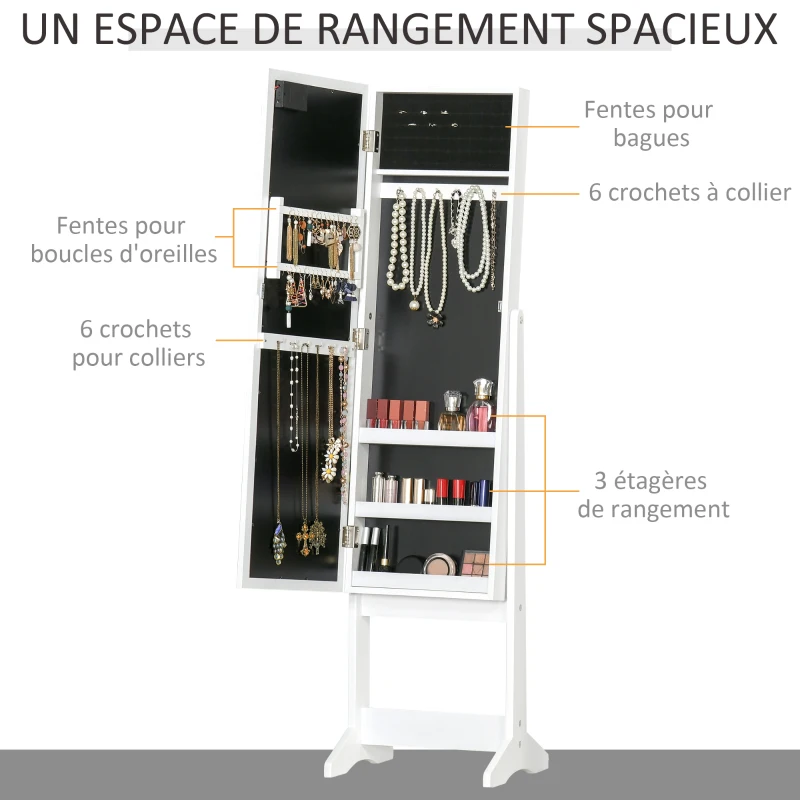 HOMCOM Armoire à bijoux armoire de rangement sur pieds boîte à bijoux avec miroir multi-rangements éclairage LED blanc