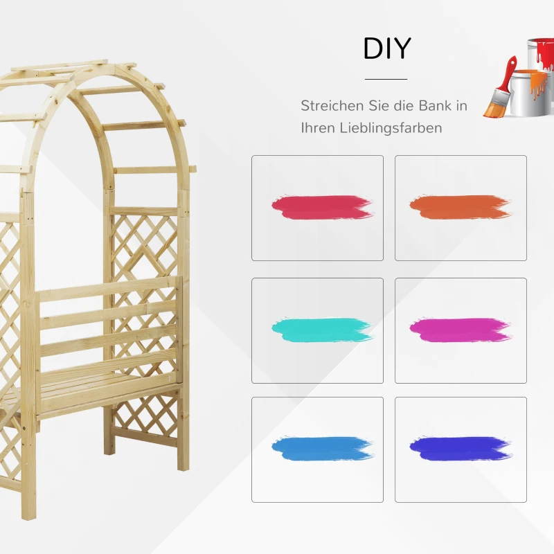 Outsunny Rosenbogen mit Bank Gartenpergola Sitzbank Rosenbank Laubenbank Philosophenbank Rankgitter Rankhilfe Gartenbank Massivholz Natur 120 x 55 x 207 cm